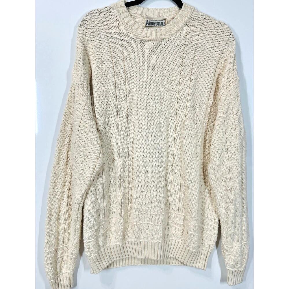 Aeropostale VTG Chunky Knit Sweater Cream Relaxed Casual Preppy Men's Size Large
